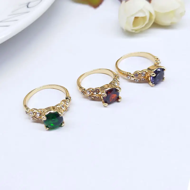 Wholesale geometric natural stone metal inlaid ring jewelry color zircon crystal ring