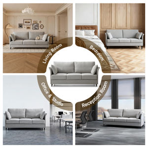 हल्के ग्रे लिनन कपड़े 3-सीटर सोफे के साथ रहने वाले कमरे के लिए और उच्च-इलास्टिक स्पंज बैकरेस्ट के साथ बेडरूम - Product Image 5