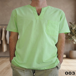 เสื้อเชิ้ตผู้ชายแขนสั้นคอวีลายดอกไม้สีเขียวอ่อนทันสมัย ผ้าฝ้ายเนื้อนุ่ม สวมใส่สบายในทุกวัน - Product Image 3