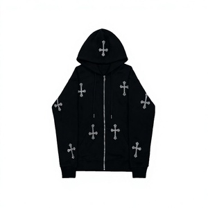 Black <b>Gothic</b> Cross Print Hooded Zip-Up Heavyweight Polyester/Cotton Men's Oversized Knitted Rhinestone Casual Streetwear Winter - Product Image 1