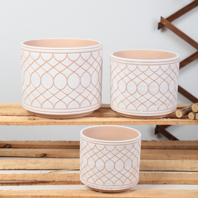 Hand Carved Flowerpot Simple Balcony Garden Containers Round Ceramic Matte Plant Pot
