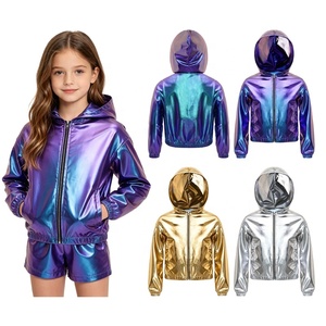 Chaqueta Metálica con Capucha para Niñas, con Cierre, Iridiscente, Holográfica, Cortavientos, Conjunto de Disfraz de Baile Urbano para Niñas con Pantalones Cortos, Personalizado - Product Image 1