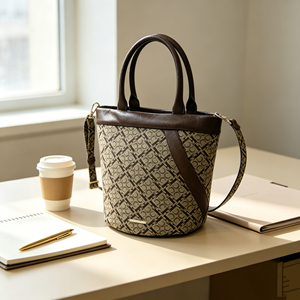 Sac seau rétro en jacquard pour femme avec garniture en cuir contrastant, poignée supérieure et bandoulière amovible, idéal pour les trajets quotidiens - Product Image 2