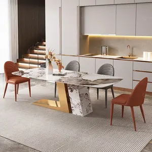 Elegant style dinner room furniture stainless steel dining set with rectangle marble table