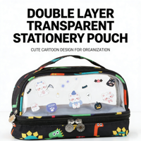 Trousse à crayons transparente double couche, grande capacité, organisateur de papeterie, pochette à stylos à imprimé mignon, sac de rangement pour fournitures scolaires avec fermeture éclair