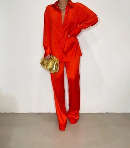 时尚长袖衬衫上衣宽腿裤女优雅2件套缎面套装女士套装休闲装 - Product Image 5