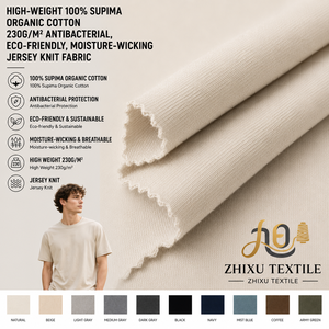Tissu <span class=keywords><strong>jersey</strong></span> <span class=keywords><strong>uni</strong></span> en coton biologique Supima 100% haute densité 230g/m, antibactérien, écologique et absorbant l'humidité pour - Product Image 2