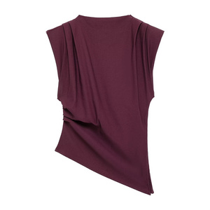 <span class=keywords><strong>Camiseta</strong></span> informal de color sólido para <span class=keywords><strong>mujer</strong></span> con almohadilla de hombro plisada de nuevo diseño - Product Image 4