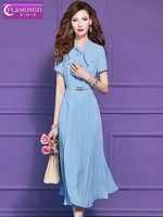 Robe chemise plissée mi-longue bleue style français vintage à manches courtes pour femme FMY71282
