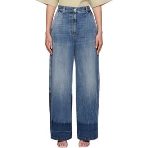 Vaqueros de mezclilla personalizados para mujer, azules deslavados, con parches en contraste, de pierna ancha, sin elasticidad, 100% algodón, con cierre de cremallera. - Product Image 3