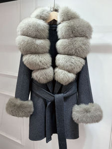 معطف صوف شتوي جديد رخيص الثمن للنساء، مزيج من الكشمير والصوف مع ياقة وأساور من فرو الثعلب الطبيعي قابلة للإزالة، تصميم فضفاض برباط، معطف صوفي مزدوج الوجه - Product Image 3