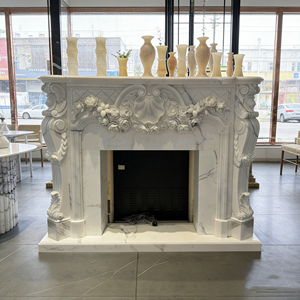 <span class=keywords><strong>Cheminée</strong></span> en marbre blanc sculpté à la main, motif floral rose en relief, taille personnalisée, <span class=keywords><strong>pierre</strong></span> naturelle durable, décoration de luxe pour la maison - Product Image 1