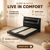 Lit en fer rembourré en cuir noir moderne, confortable et abordable avec rangement, taille King/Queen, cadre en bois assemblé, chambre à coucher V640