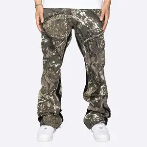 Wholesale custom loose tree forest print pants denim patchwork baggy camo jeans straight leg stacke printed jeans men