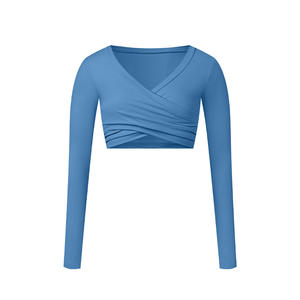 Logotipo personalizado Wrap Ballet Pilates Yoga Top con cuello en V elástico apretado manga larga cepillado <span class=keywords><strong>mujer</strong></span> Crop Top venta al por mayor de lujo de moda - Product Image 5