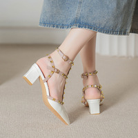Escarpins à talons cloutés pour femme, bout pointu, talon moyen 3-6 cm, grandes tailles, élégants, bout fermé, semelle extérieure en caoutchouc, chaussures simples printemps-été