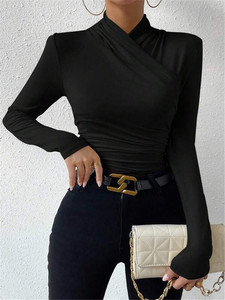 2024 Western décontracté plaine Sexy plissé haut court dames pull mince <span class=keywords><strong>basique</strong></span> col roulé chemise à manches longues <span class=keywords><strong>t</strong></span>-shirts haut pour les femmes - Product Image 4