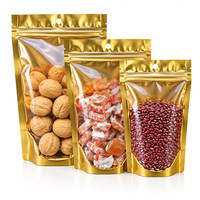 Sacs d'emballage en plastique personnalisés en Mylar doré avec fenêtre transparente, pochette verticale refermable avec fermeture éclair et trou de suspension pour snacks, noix et légumineuses