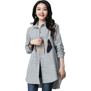 Camicie e Bluse da Donna OEM in Misto <span class=keywords><strong>Lino</strong></span> e Cotone, Ricamate, <span class=keywords><strong>a</strong></span> Maniche Lunghe, Vestibilità Ampia, <span class=keywords><strong>a</strong></span> Righe, Casual - Product Image 3