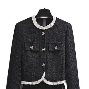 Women's Cropped Contrast Ruffle Trim Round Neck Button Front Casual Formal <b>Top</b> <b>Coat</b> Fashion - Product Image 3