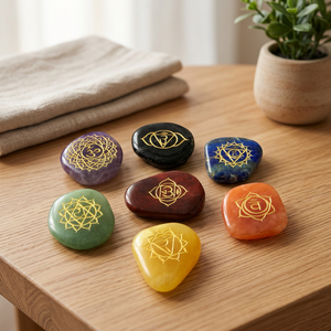 <b>Chakra</b> Gemstone Stones <b>Set</b> with Om Symbol Carved Handmade Free Form Reiki Healing Art Collectible From Gujarat Crystalexport.com - Product Image 2