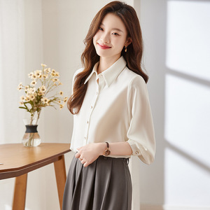 Women's White Shirt Solid Color Poplin Office Blouse Long Sleeve Simple Style - Product Image 4