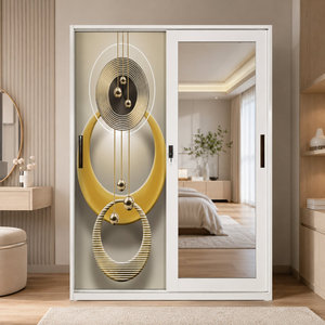 Armoire <span class=keywords><strong>coulissante</strong></span> en acier avec <span class=keywords><strong>miroir</strong></span> pleine longueur et panneau décoratif imprimé pour chambre moderne – Rangement de vêtements - Product Image 1