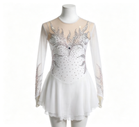 Robe de patinage artistique blanche à manches longues en Spandex/Nylon avec dos en maille découpée et jupe ornée de strass pour enfants, idéale pour la compétition