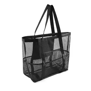 YIWU QIYE Customized high-capacity hollowed out mesh shoulder handbag summer outdoor mesh 8-pocket beach bag