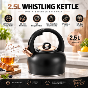 Bouilloire sifflante en acier inoxydable 2,5 L pour cuisinière, avec poignée en nylon résistante à la chaleur, noire et or rose, pour la cuisine - Product Image 3