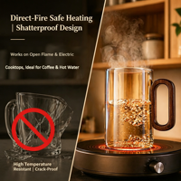 Amber glazen mok van hoog borosilicaatglas met walnoot houten handvat, hittebestendig & geschikt voor open vuur, herbruikbaar, 350ml