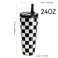 Bouteille d'eau isotherme en acier inoxydable, motif damier noir et blanc, avec paille rabattable et poignée, anti-fuite, vente en gros/sur mesure
