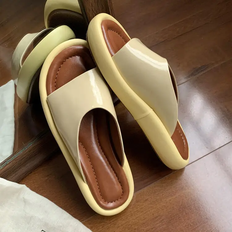 Leather Open Toe Slip On Yellow Slipper Women Outdoor Casual Slides Sandals