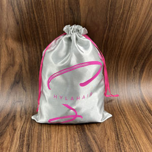 Sacs à bijoux en satin argenté de luxe de couleur champagne en gros, 25*25 cm, avec cordon de serrage, sac en soie personnalisé avec logo, sac d'emballage pour perruque - Product Image 6