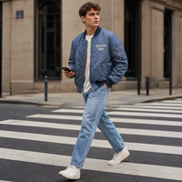 Blouson Bomber Homme Rétro Bleu Clair Délavé Brodé Lourd Streetwear Baseball Extérieur