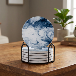 Handmade Blue Marble Pattern Round <b>Coaster</b> Set with Black Metal Holder Decorative <b>Drink</b> <b>Coasters</b> for Coffee Table Kitchen - Product Image 3