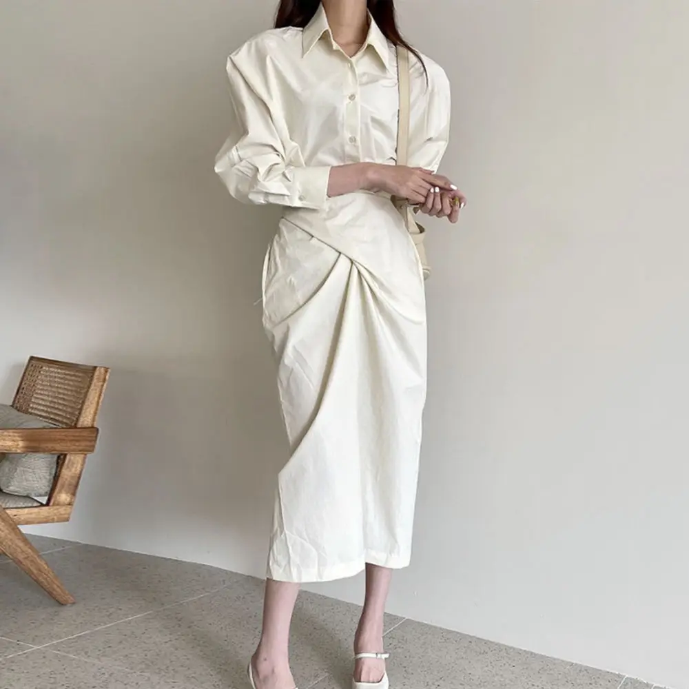 Korean Fashion Design 2021 Autumn New Dress Simplicity Lapel High Waist Cross Solid Color Long Sleeve Simplicity Loose Women