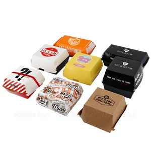 Custom Disposable Food Grade Fast Food Packaging Burger Box Kraft Paper Clamshell Burger Box