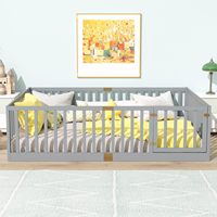 Lit de chambre moderne Montessori en bois massif avec escalier, barrières, lattes, taille Queen, lit au sol, étagère et 2 tiroirs de rangement, facile à monter