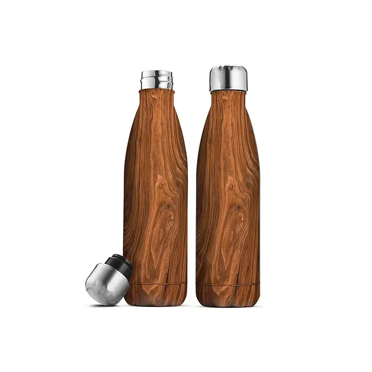 Stainless steel cola shape wooden grain pattern insulated outdoor water bottle