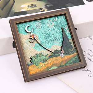 Aimant de réfrigérateur rectangulaire en bois, peinture à l'huile abstraite Art Déco Fangao, motif tournesol et ciel étoilé, design créatif, souvenir de voyage - Product Image 4