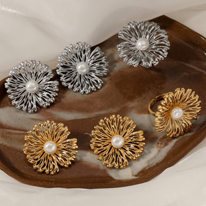 CLIORO Fleur Perle En Acier Inoxydable Boucles D'oreilles Bague Ensemble Plaqué Or Boucles D'oreilles Étanche Hypoallergénique Bijoux pour Femmes - Product Image 2