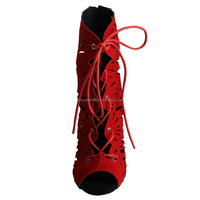 Nuevas llegadas personalizadas Zapatos de tacón alto de terciopelo rojo Latin Salsa Bachata Clases de tacón Zapatos con cordones Botas de baile de 9CM