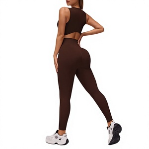 Ensemble de yoga 2 pièces sans couture pour femme, couleur unie, legging taille haute, crop top dos nageur sans bretelles, respirant, polyester/nylon, pour la gym - Product Image 3