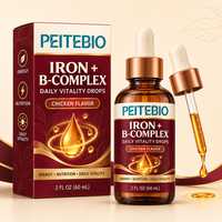 PEITEBIO Gouttes de fer et complexe B saveur poulet pour l'énergie, la nutrition et la vitalité quotidienne, supplément liquide 2 FL OZ 60 mL avec compte-gouttes