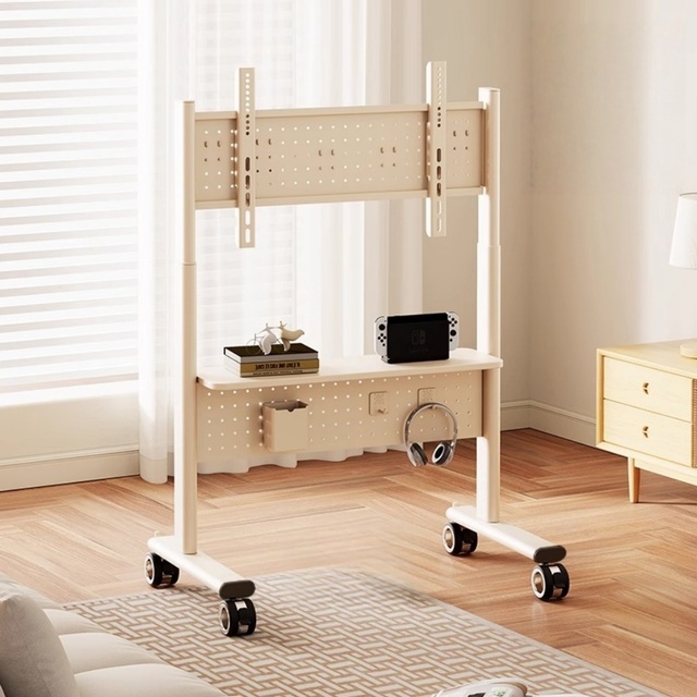 Low MOQ Universal Adjustable Floor TV Stand Wholesale Mobile TV Trolley with Wooden Shelf for 32-65 Inches Screen