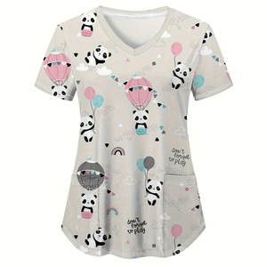 Haut de blouse médicale rose à imprimé panda pour femme, col en V, manches courtes avec poches, uniformes d'hôpital - Product Image 6