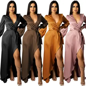 luxury elegant women long sleeve party evening satin sexy split long cocktail dress with belt