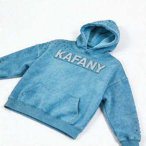 Felpa con Cappuccio da Uomo Personalizzata Blu Azzurro con Effetto Lavato e Lettere Bianche in Rilievo, Produzione in Serie - Product Image 1