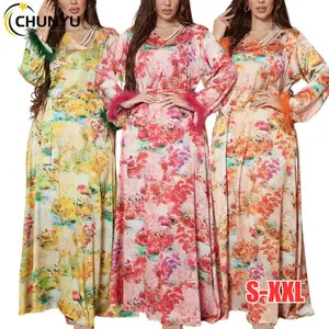 Women's Abaya Muslim Kaftan Diamond Ostridge Feathers Floral Evening Party Maxi Dress Middle East Robe Dress with Sashes